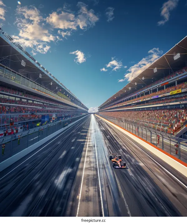 Formula One race car on a track with grandstands full of spectators