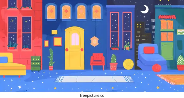 Colorful Nighttime Cityscape Illustration