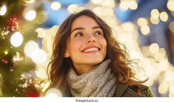 Happy Woman Looking Up at Christmas Lights