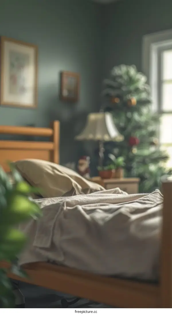 A bedroom with a bed, a nightstand, and a Christmas tree