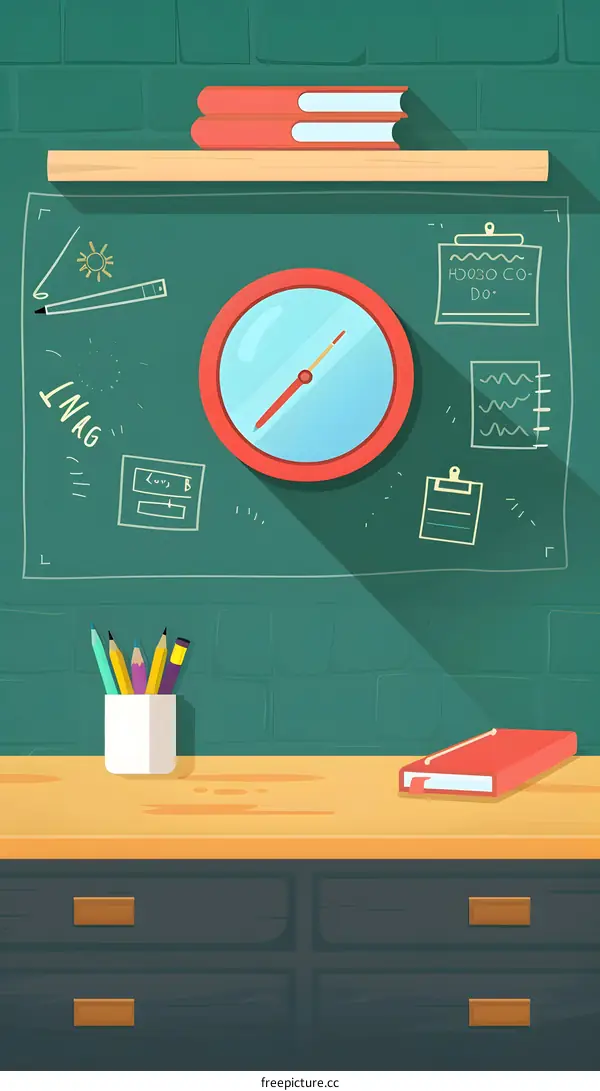 Green Blackboard With Clock And Pencils In A Glass