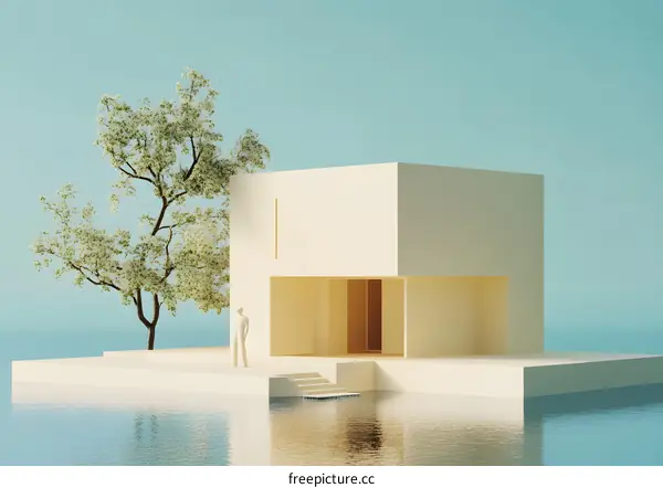 Minimalist 3D Illustration of a House on a Platform in the Water