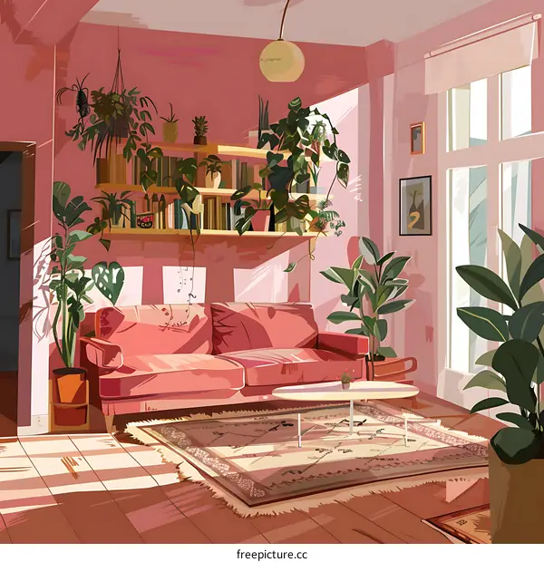 Living Room with Pink Walls and Plants