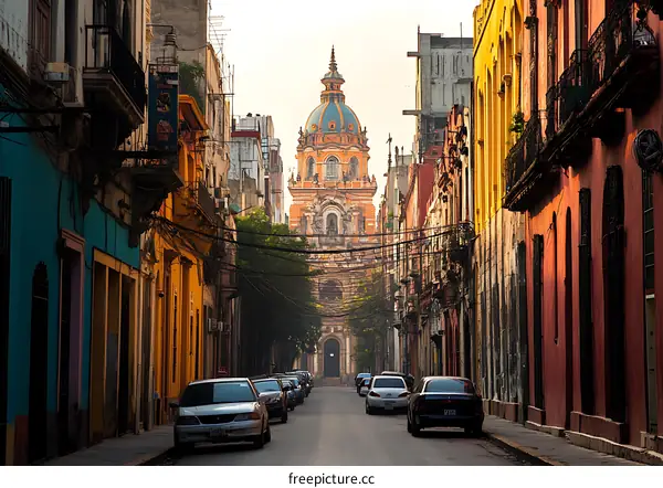 Narrow Street in Mexico City with a Church in the Distance