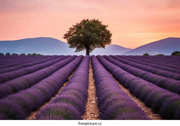 Lavender field with a tree in the middle at sunset
