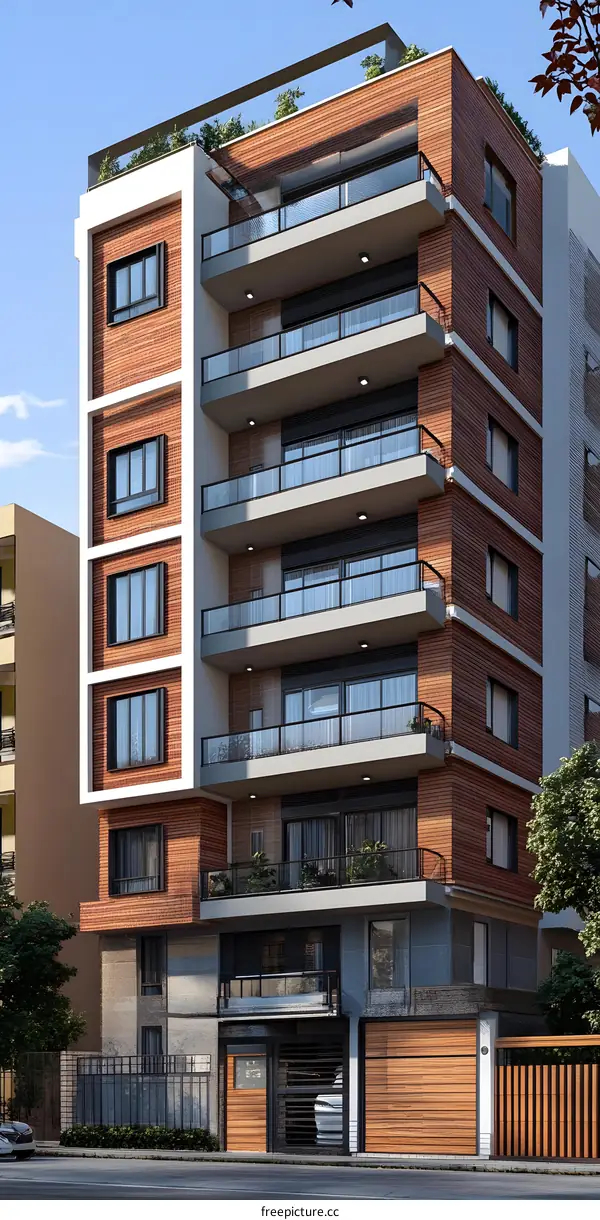 Modern Apartment Building with Balconies and Brick Facade