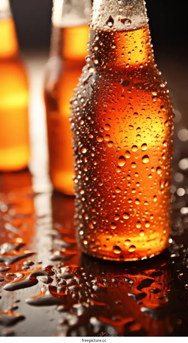 Close-up of bottles of beer with water drops