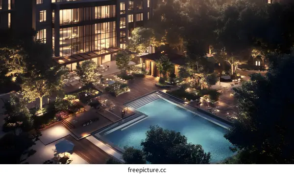 Modern Rooftop Swimming Pool with Surrounding Trees and Patio