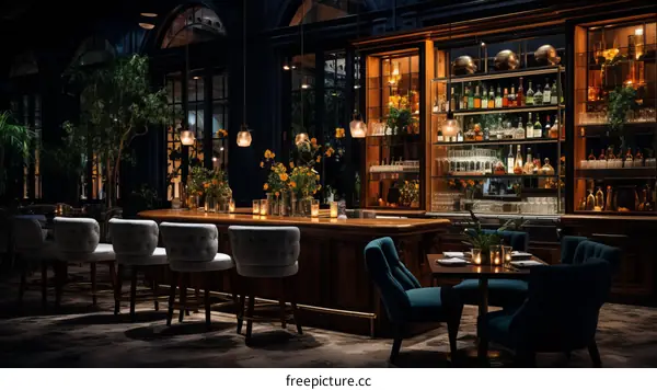Luxurious bar interior with dark wood, leather, and marble