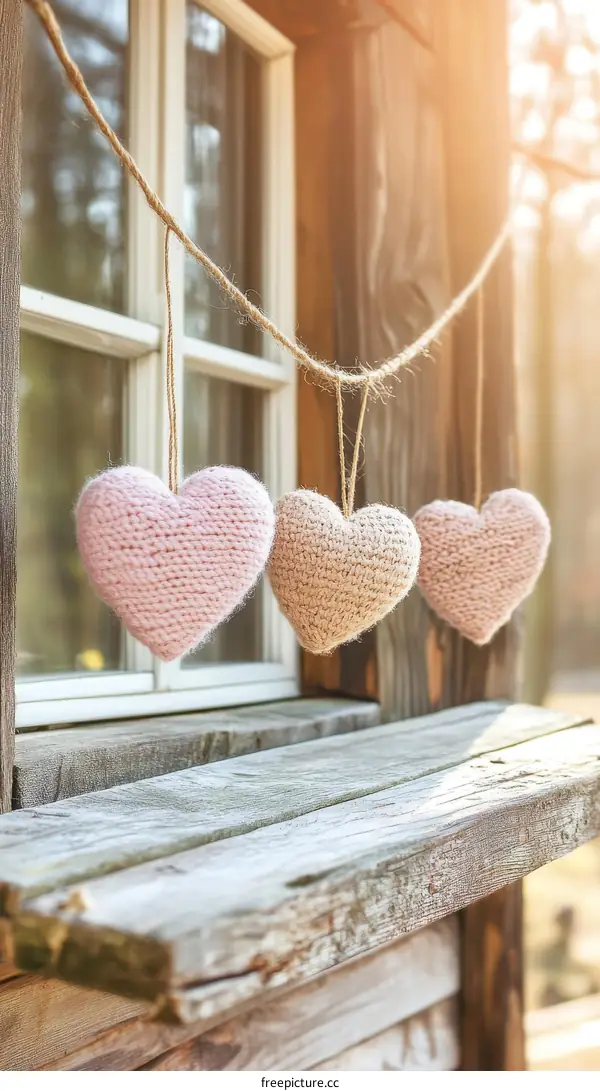 Rustic Window Decor with Knitted Hearts
