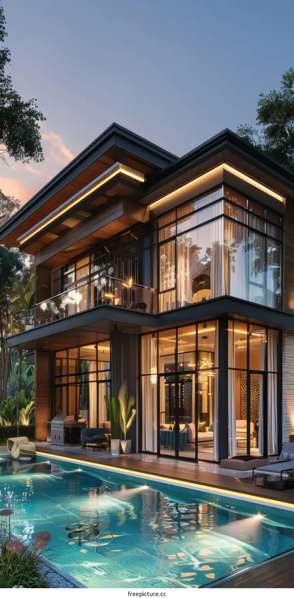 Modern House with Pool at Sunset