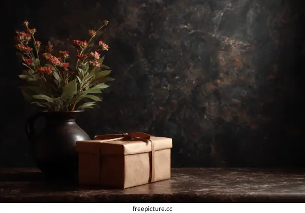 Vintage Still Life with Flowers and Gift Box