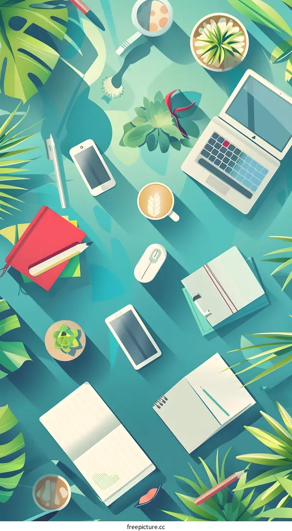 Flat Lay Illustration of Workspace with Tropical Plants and Office Supplies