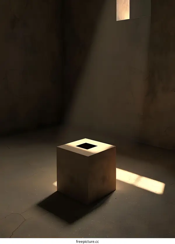 Minimalist Concrete Cube with Light Beam in a Room
