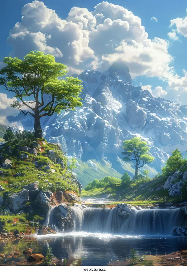 Mountain Waterfall Scenic Landscape Illustration