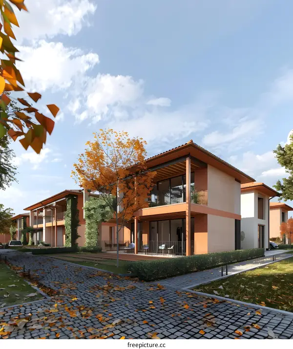 Modern Architecture of a Two Story House in Autumn