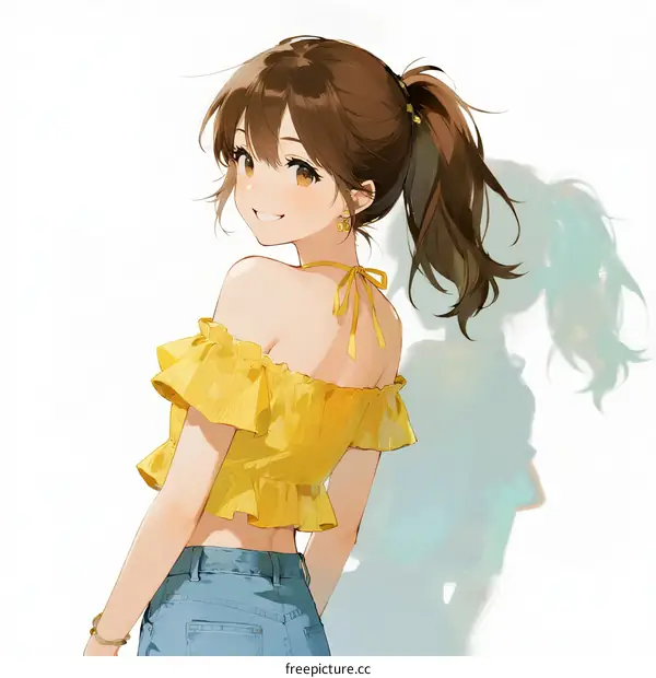 A Young Girl with Ponytail Wearing Yellow Off-shoulder Top and Blue Jeans