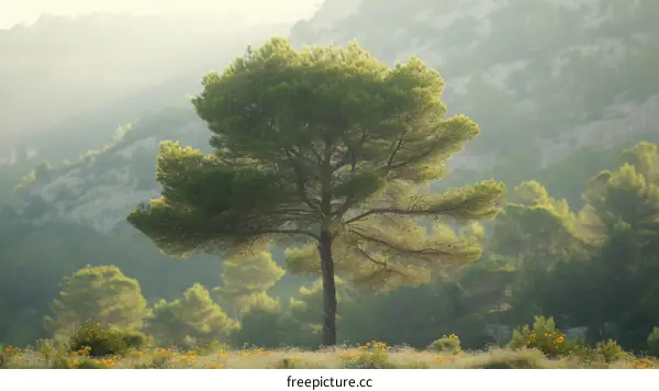 Solitary Pine Tree In A Rocky Hillside