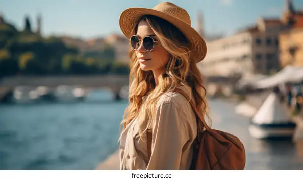 Young woman wearing a hat and sunglasses standing by the river