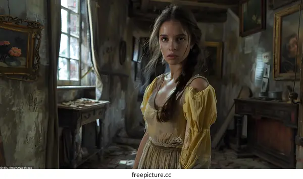 Portrait of a young woman in a yellow dress standing in a room