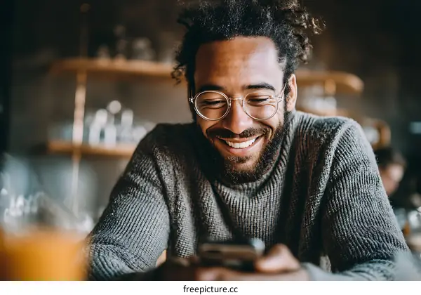 Happy Man Using Smartphone in Cafe