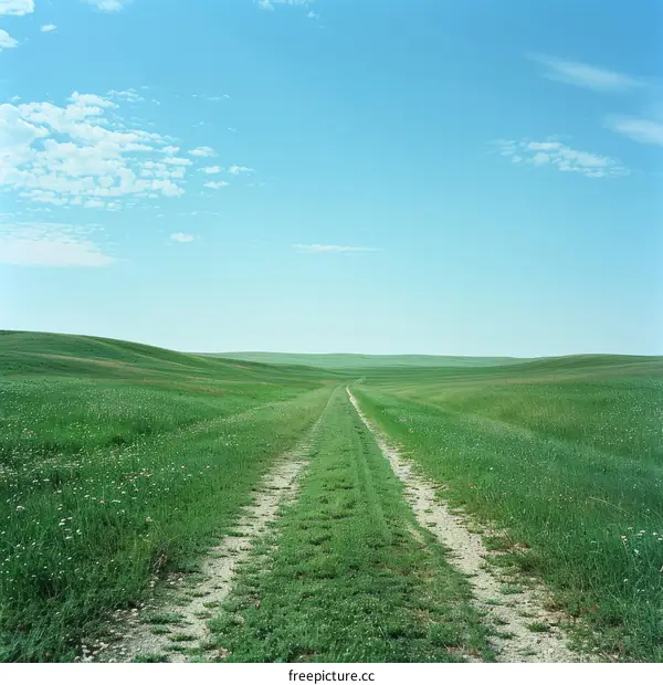 Prairie Road Meandering Through Verdant Hills and Majestic Skies