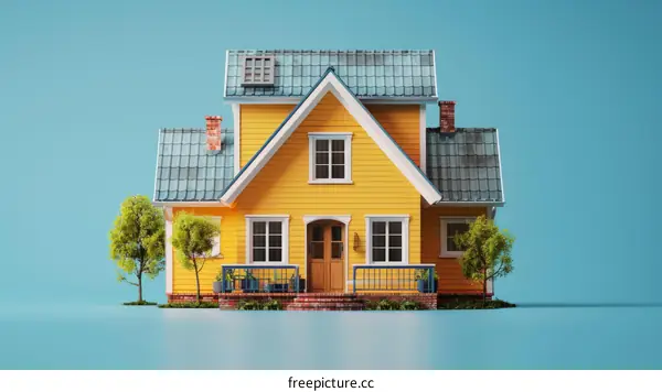 Yellow small house with blue roof