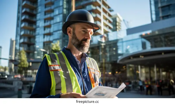 Construction worker wearing hardhat and safety vest looking at blueprints