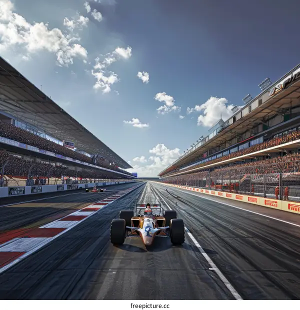 Formula One race car on a track with grandstands full of spectators
