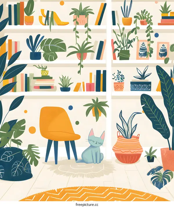 Cozy Living Room with Bookshelves and Plants