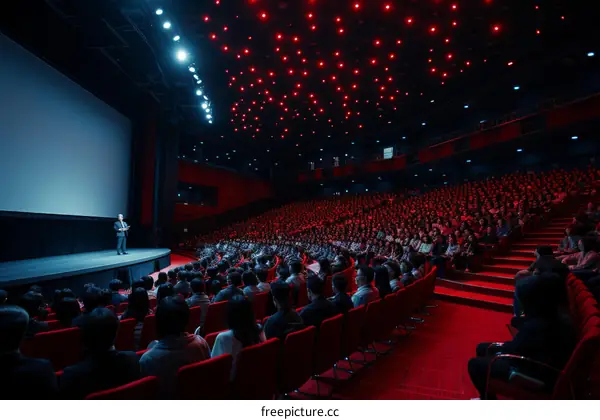 A large group of people are sitting in a theater watching a presentation on stage
