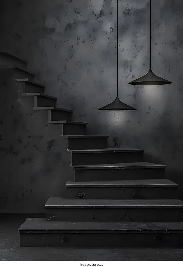 Black and White Minimalist Staircase with Hanging Lights