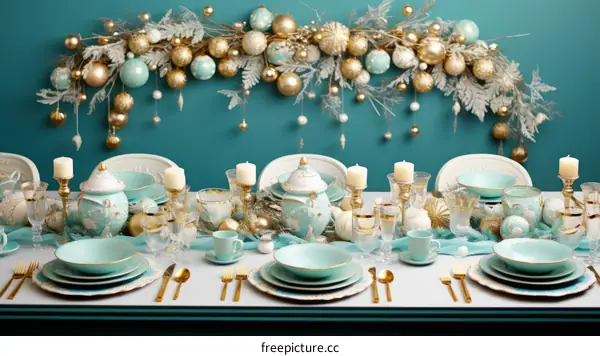 An illustration of a table set with fine china and gold decorations
