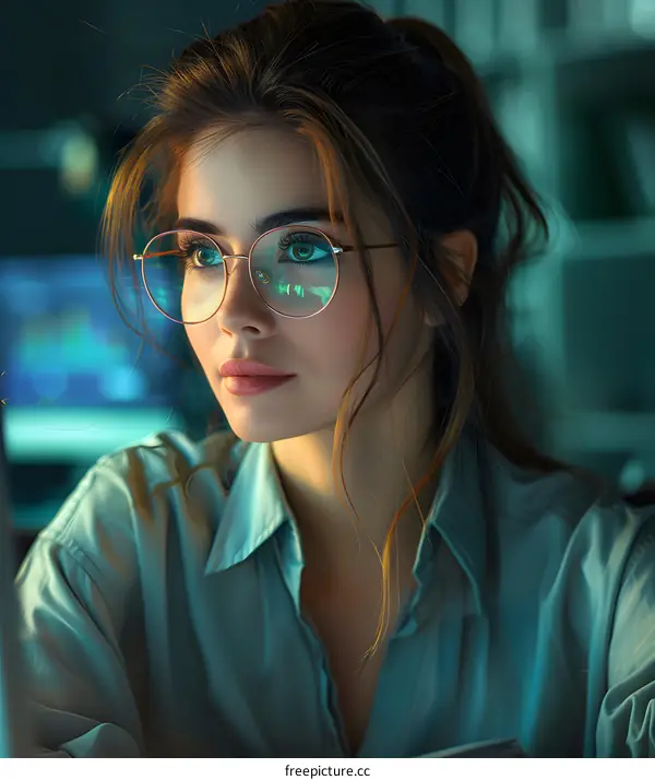 A young woman wearing glasses is working in front of a computer