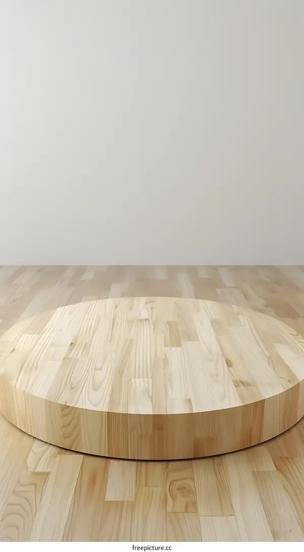 Wooden Round Platform On Wooden Floor Against White Wall