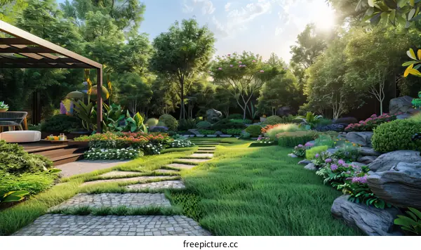 Serene Courtyard with Stepping Stones and Lush Greenery