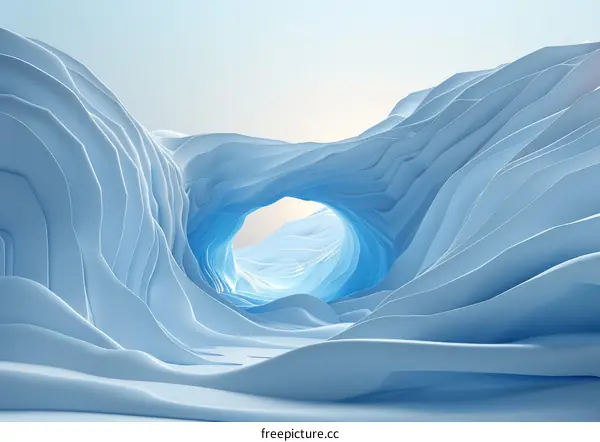 Blue Ice Cave with Bright Light at Tunnel End