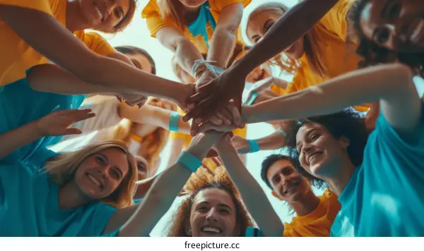 Group of diverse volunteers holding hands in unity and smiling