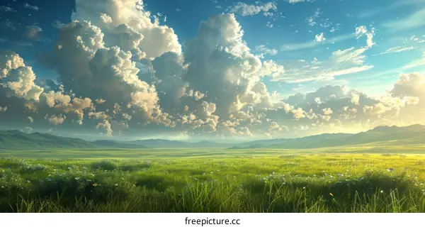 Serene Summer Meadow Underneath a Blue Sky with Clouds