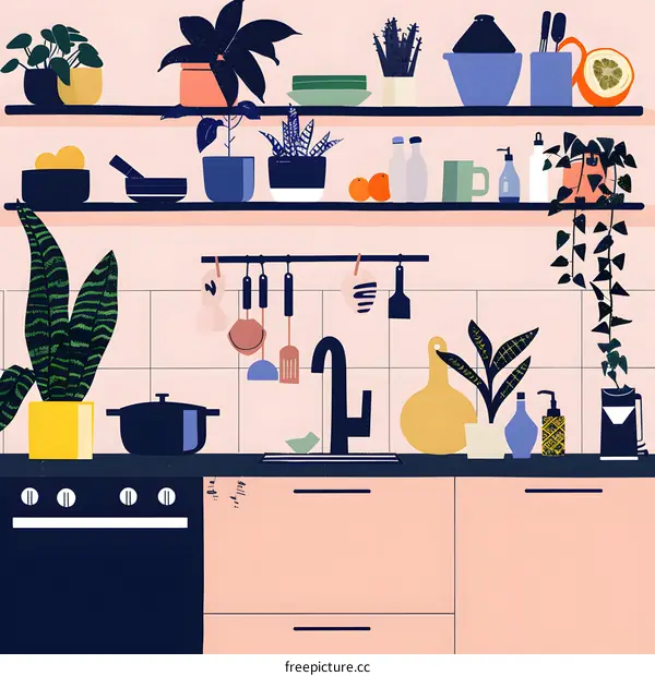 Kitchen Interior with Plants and Utensils