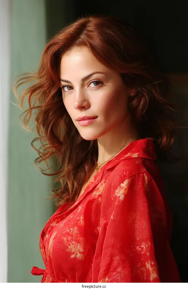 Red-haired woman in floral robe with wavy hair looking at camera