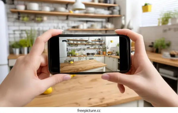 Modern Kitchen Interior Viewed Through a Smartphone