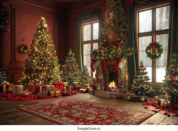 Festive Christmas Living Room with Cozy Fireplace and Decorated Tree