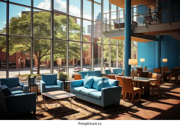 Blue modern hotel lobby with large windows