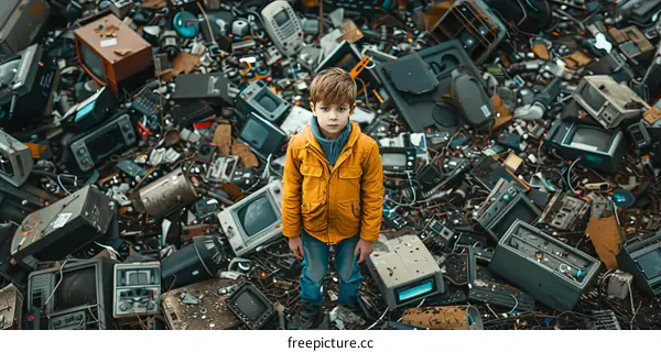 Boy standing in a junkyard full of electronic waste