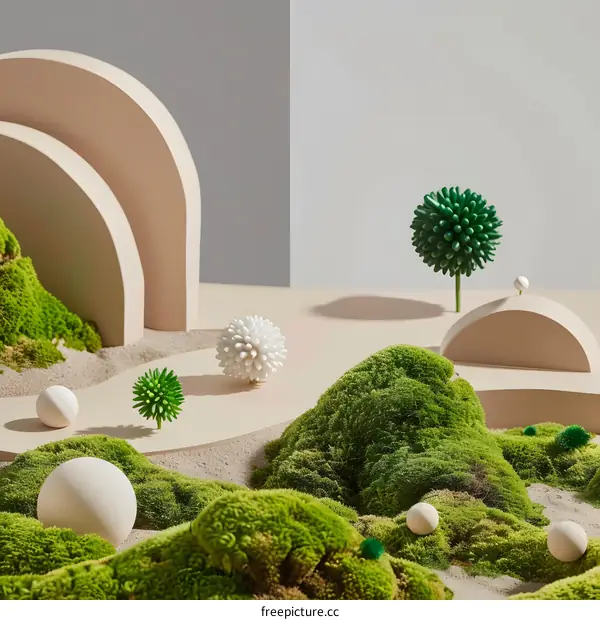 Minimalist Abstract Green Mossy Landscape With Geometric Shapes