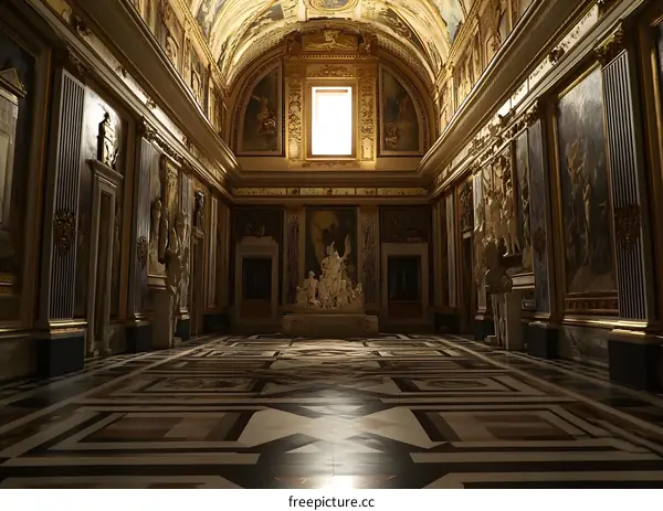 Ornate Hallway with Sculptures and Paintings