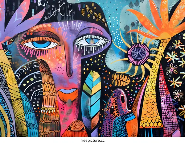 Abstract Colorful Painting With Eye and Flowers