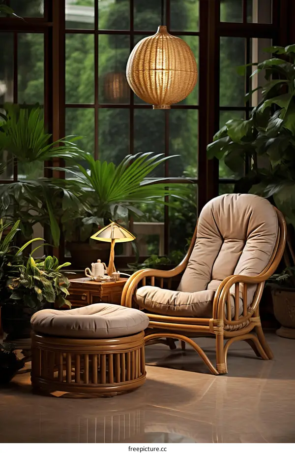 A comfortable chair and ottoman in a sunroom with a large window overlooking a lush garden