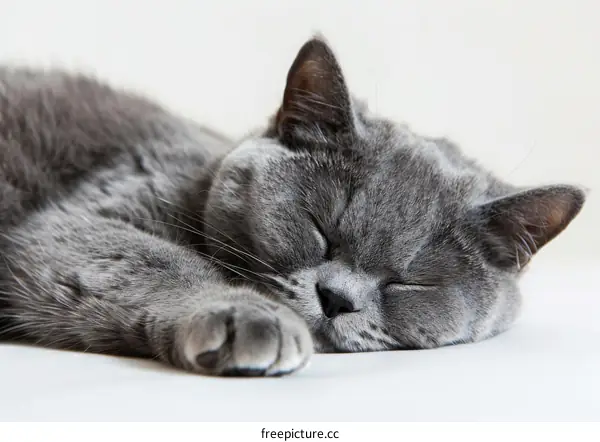 A gray cat is sleeping soundly on a white surface